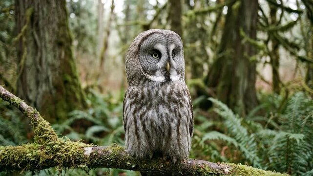 Great gray owl with intricate gray and white plumage perched on a mossy branch, staring forward in a tranquil, lush green forest habitat, showcasing camouflage and quiet majesty