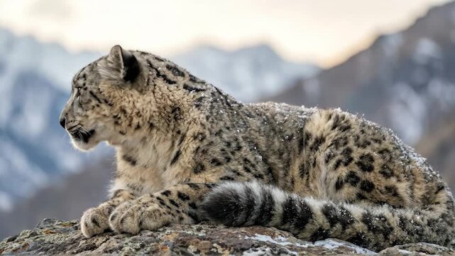 Snow leopard resting on a snow-dusted rocky outcrop, alert and watchful as it surveys its cold mountain habitat in a detailed close-up portrait capturing wild grace