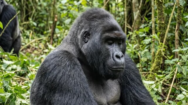 Mountain gorilla silverback with dark fur staring directly at the viewer, showing its intense gaze and powerful presence in its natural habitat within the lush jungle