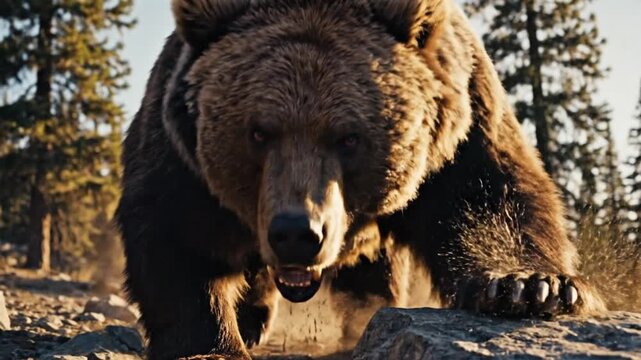 Majestic brown bear charging forward with powerful stride in forest landscape, rendered in realistic digital art style, conveying wild strength and freedom