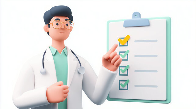 3D cartoon doctor character holding a medical checklist and giving a thumbs up, healthcare insurance and medical checkup concept isolated on white background