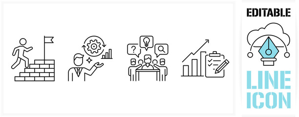Editable line icon set in a black simple and clean vector outline stroke for business growth, career goal, team brainstorming, project management, financial success, startup strategy and leadership.