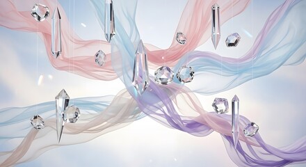 Abstract crystal chandelier with pastel hues and soft lighting