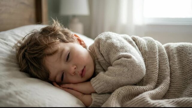 Young child experiencing deep sleep and cozy comfort in a warm bedroom setting, portraying notions of rest, innocence, childhood, tranquility, and a peaceful lifestyle