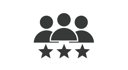 Simple dark gray silhouette icon representing three people figures positioned above three prominent five-pointed stars symbolizing high customer satisfaction or team rating concept.