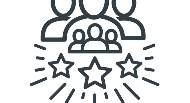 Team recognition icon depicting a group of successful people celebrating excellent performance and high five star ratings for achievement