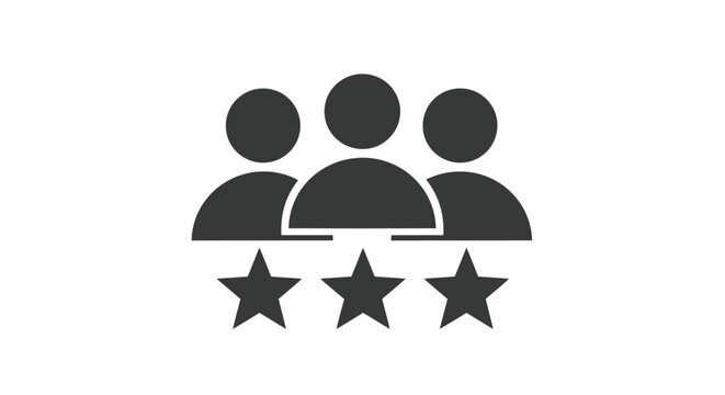 Simple dark gray silhouette icon representing three people figures positioned above three prominent five-pointed stars symbolizing high customer satisfaction or team rating concept.