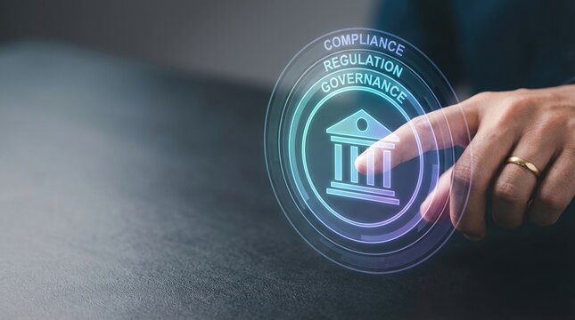 compliance, regulation, governance, business, digital, policy, technology concept showing a businessman hand interacting with a futuristic virtual screen for corporate risk management.