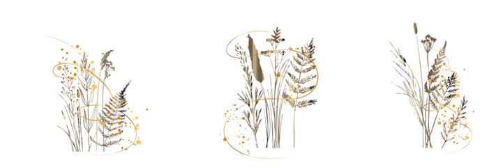 Elegant green and gold botanical grasses and ferns in modern minimal vector style.