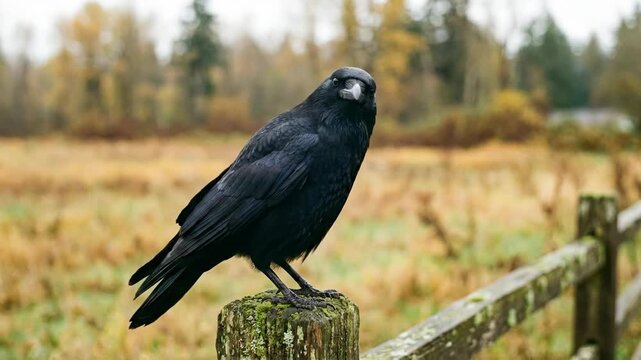 Large black crow facing forward, observing surroundings while perched on a moss-covered wooden fence post in a natural outdoor environment during autumn