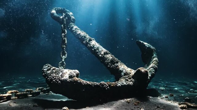 Sunken ship anchor covered in marine life on the ocean floor with light rays
