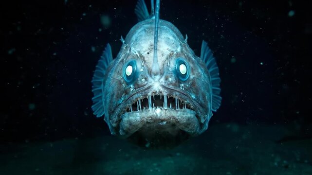 Anglerfish in the deep abyss displaying a glowing bioluminescent lure and exposed teeth as it waits in darkness to ambush unwary prey, eerie and alien-looking