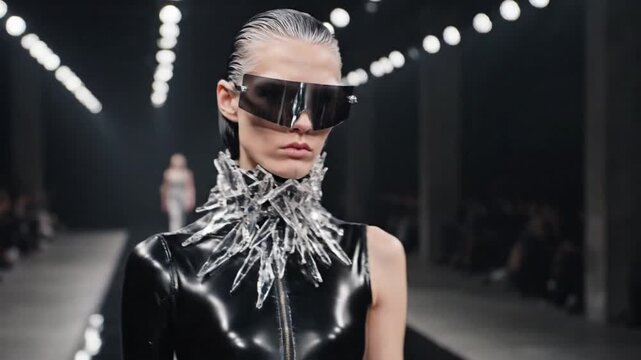 Avant-garde female model showcasing futuristic silver metallic fashion with black sunglasses on catwalk, surrounded by bright overhead lights and blurred audience in the background, embodyin