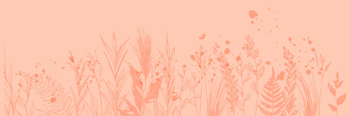 Teal Botanical Meadow &ndash; Modern teal botanical meadow with grasses and ferns in minimal vector line art style.