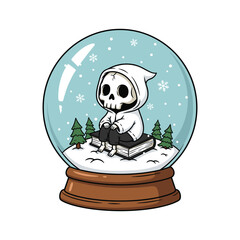 A cartoon skeleton sitting in a snow globe Vector