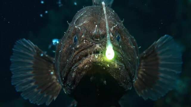 Anglerfish displaying its sharp teeth and bioluminescent lure, attracting prey in the extreme environment of the deep sea while navigating through dark waters