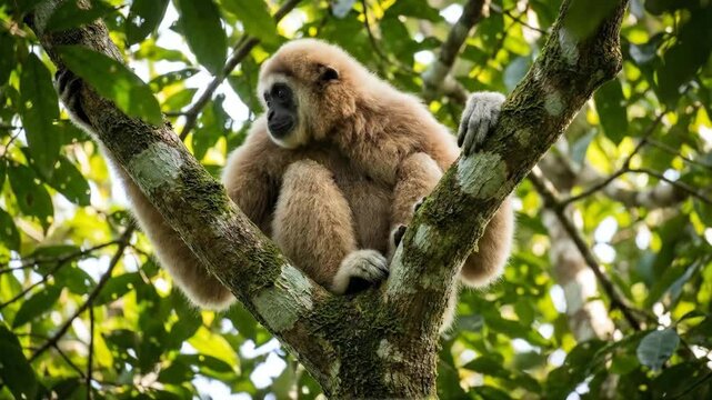 Lar gibbon, also known as white-handed gibbon, resting calmly on a thick jungle tree branch, observing its natural habitat in an asian rainforest with lush green foliage