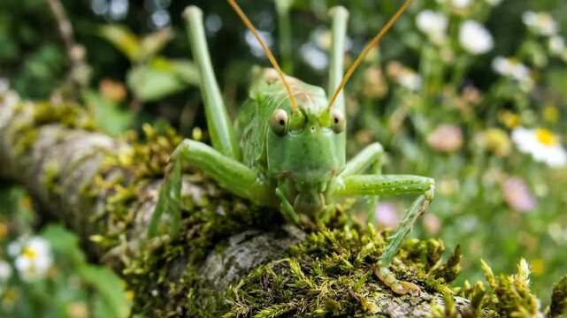 Green katydid or bush-cricket with prominent antennae observing the environment from a moss covered tree branch, surrounded by blurred wildflowers in nature