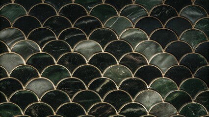 Obraz premium Elegant dark green fish scale tiles with gold accents