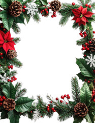 Fototapeta premium Festive holiday border frame with pine, poinsettia, berries, and cones on black background