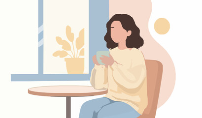 Obraz premium Solitude and a Moment of Calm: A figure finds peace indoors with a cup in hand, as natural light filters through a nearby window, fostering a serene atmosphere.