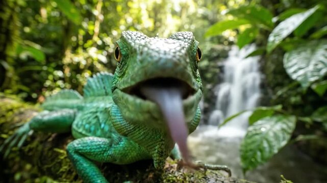 Green basilisk lizard resting on a moss-covered log, showcasing its vibrant scales in a lush tropical rainforest environment with a flowing waterfall in the background