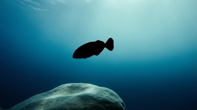 Fish silhouette creating a dark shape against the bright surface reflecting light, swimming over an underwater rock formation in the vast deep blue ocean