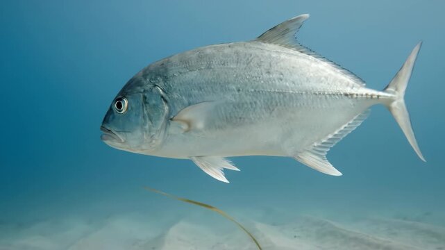 Giant trevally, a large ocean fish, swimming gracefully in clear blue saltwater over a sandy seabed with a seagrass blade, showcasing marine life and underwater habitat