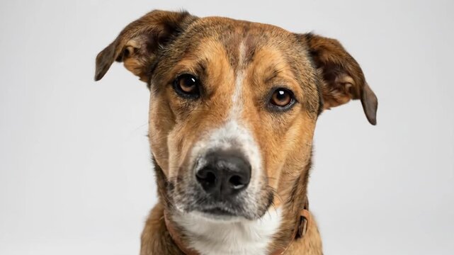 Domestic mixed-breed dog wearing a brown collar, sitting alert on a clean white studio background, full-length front portrait conveying loyalty, friendliness and companionship