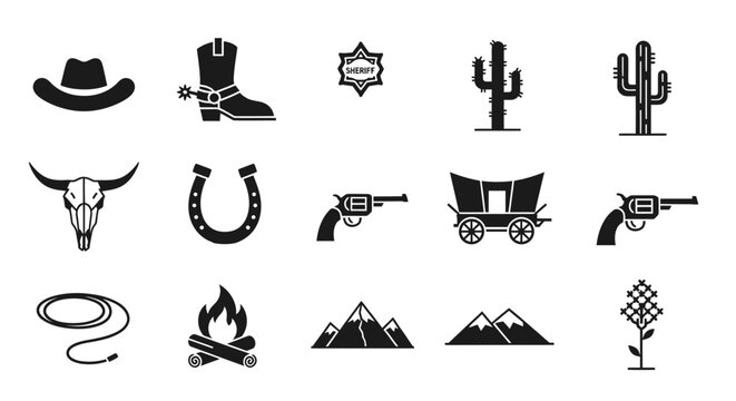 Collection of Western-themed icons depicting cowboy gear and desert landscape elements in a flat design style from a straightforward viewpoint