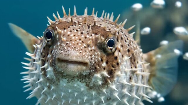 Pufferfish inflating its body and extending sharp spines as a defense mechanism, swimming in the clear blue tropical ocean against a blurred background