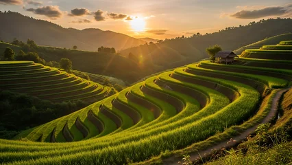 Acrylglasbilder Reisfelder Stunning terraced rice fields illuminated by golden hour light with a small hut nestled among green rice paddies  © Ami