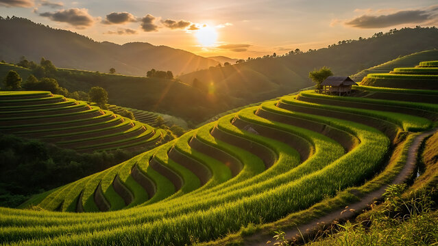 Stunning terraced rice fields illuminated by golden hour light with a small hut nestled among green rice paddies