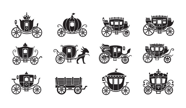 Collection of Vintage Horse-Drawn Carriages and Carts Vector Icons