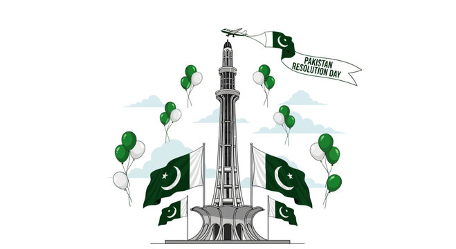 Minar e pakistan, a national monument surrounded by pakistani flags.