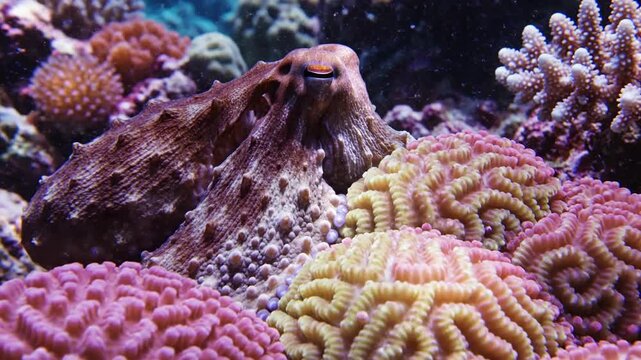 Octopus Camouflaged Amongst Colorful Coral Reef