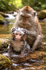Fototapeta premium photo of a mother monkey bathing her baby monkey in the river