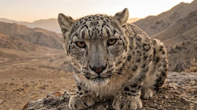 Snow leopard cub is resting on a rocky mountain ridge, observing the viewer with its striking eyes, displaying its beautiful spotted fur coat in its natural, arid wilderness habitat