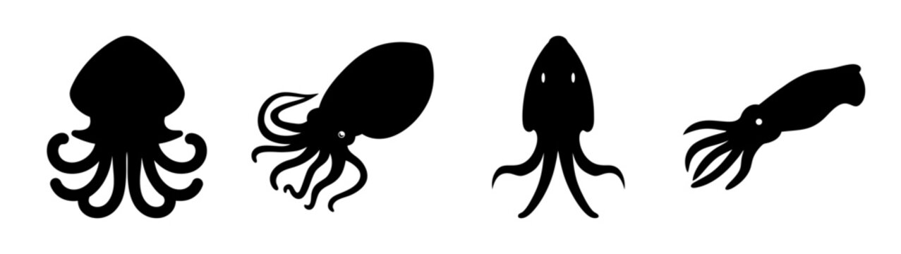 Cuttlefish Silhouettes in Various Poses Flat Design vector illustration