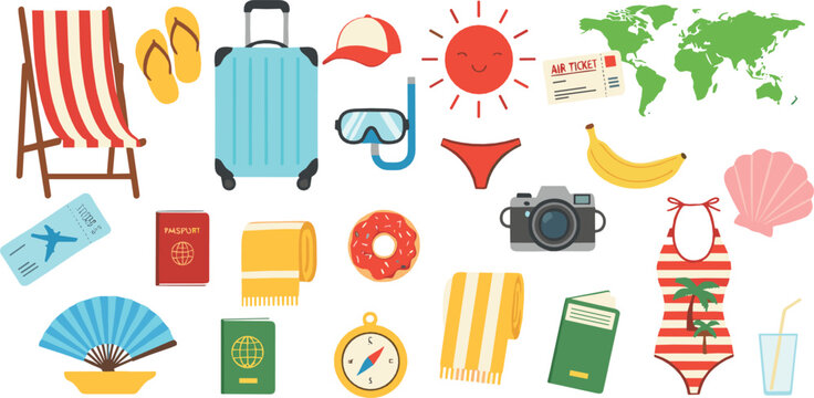 Summer travel vacation illustration set with suitcase, beach chair, swimwear, passport, camera, sun, world map, and seaside holiday accessories