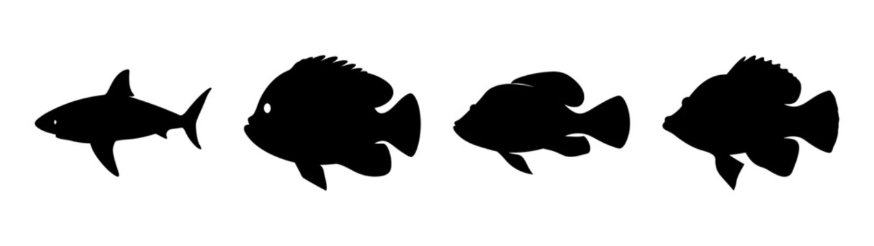 Set of black fish silhouettes on white background vector illustration