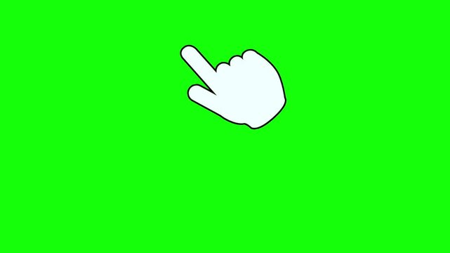 Cartoon animation of a white gloved hand icon clicking upward and downward on a green screen background.