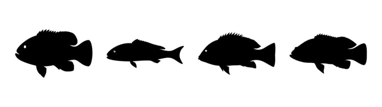 Set of tilefish silhouettes, various shapes, flat design vector illustration