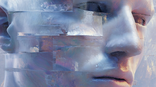 Fragmented Identity: A surreal representation of a human face shattered into fragmented layers, evoking themes of identity, perception, and the digital age. 