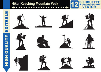 Silhouette set of a hiker reaching a mountain peak and celebrating, symbolizing success, achievement, goal fulfillment, and outdoor adventure.