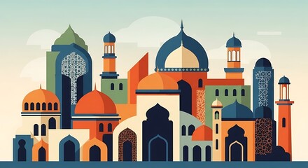 Colorful Islamic City Mosque Architecture Illustration &ndash; Ramadan and Eid Mubarak Background Design
