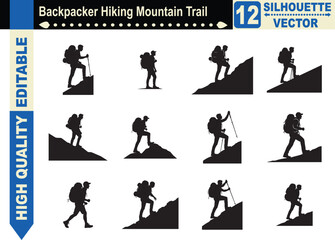 Silhouette set of a backpacker hiking on a mountain trail, representing outdoor adventure, nature exploration, trekking, and an active lifestyle.