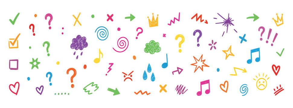 Hand-drawn doodles and sketches creating a vibrant seamless pattern. Featuring various symbols including arrows. Musical notes. Hearts. Stars. Question marks. And weather icons