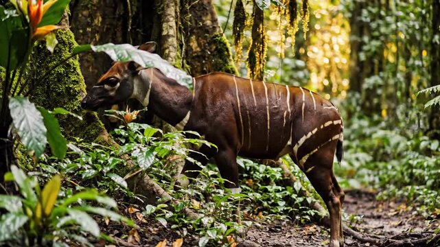 Okapi calf emerges from dense rainforest undergrowth