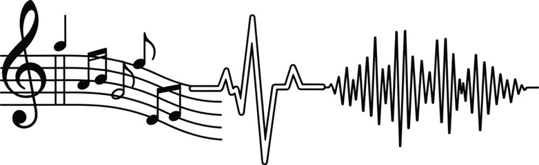 Musical notes transforming into stylized sound wave, treble clef and melody evolving into audio waveform, vector illustration for music, audio design, sound art, and creative concepts